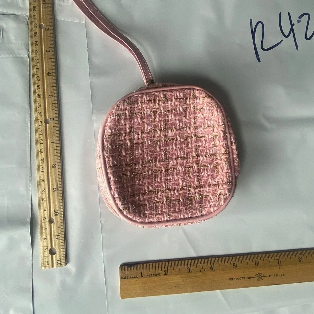 Pink Tweed Wristlet Pouch Small Cosmetic‎ Bag with Strap